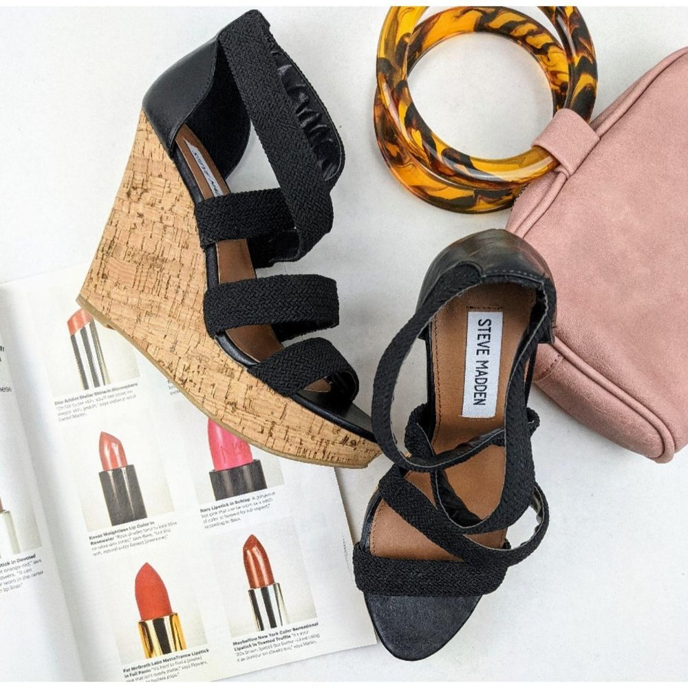 Steve Madden Camdyn Cork Wedge Strappy Sandal Blac